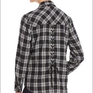 Billy T Lace Up Back Plaid Button Up Top